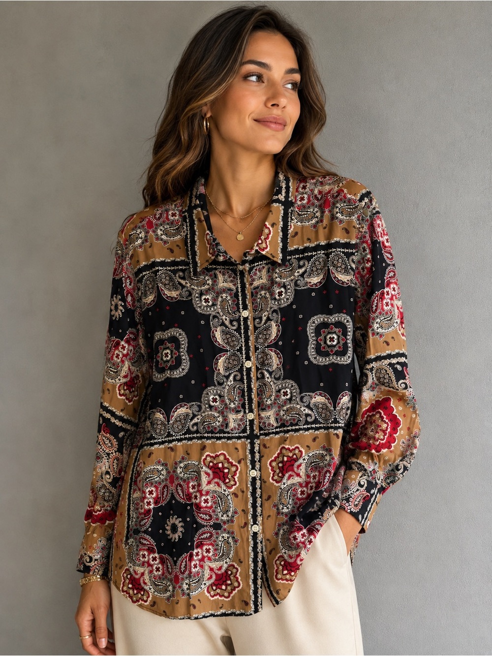 Nautica Women's Paisley-Print Long-Sleeve Shirt Black/Tan/Red Size XL